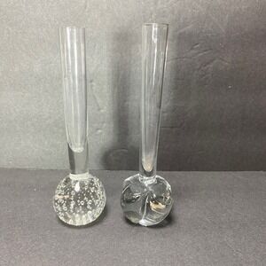 Set of 2 Clear Blown Glass Bud Vases Bubbles